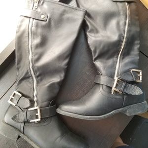 Black Riding Boots Asymmetrical Gold Zipper Buckle